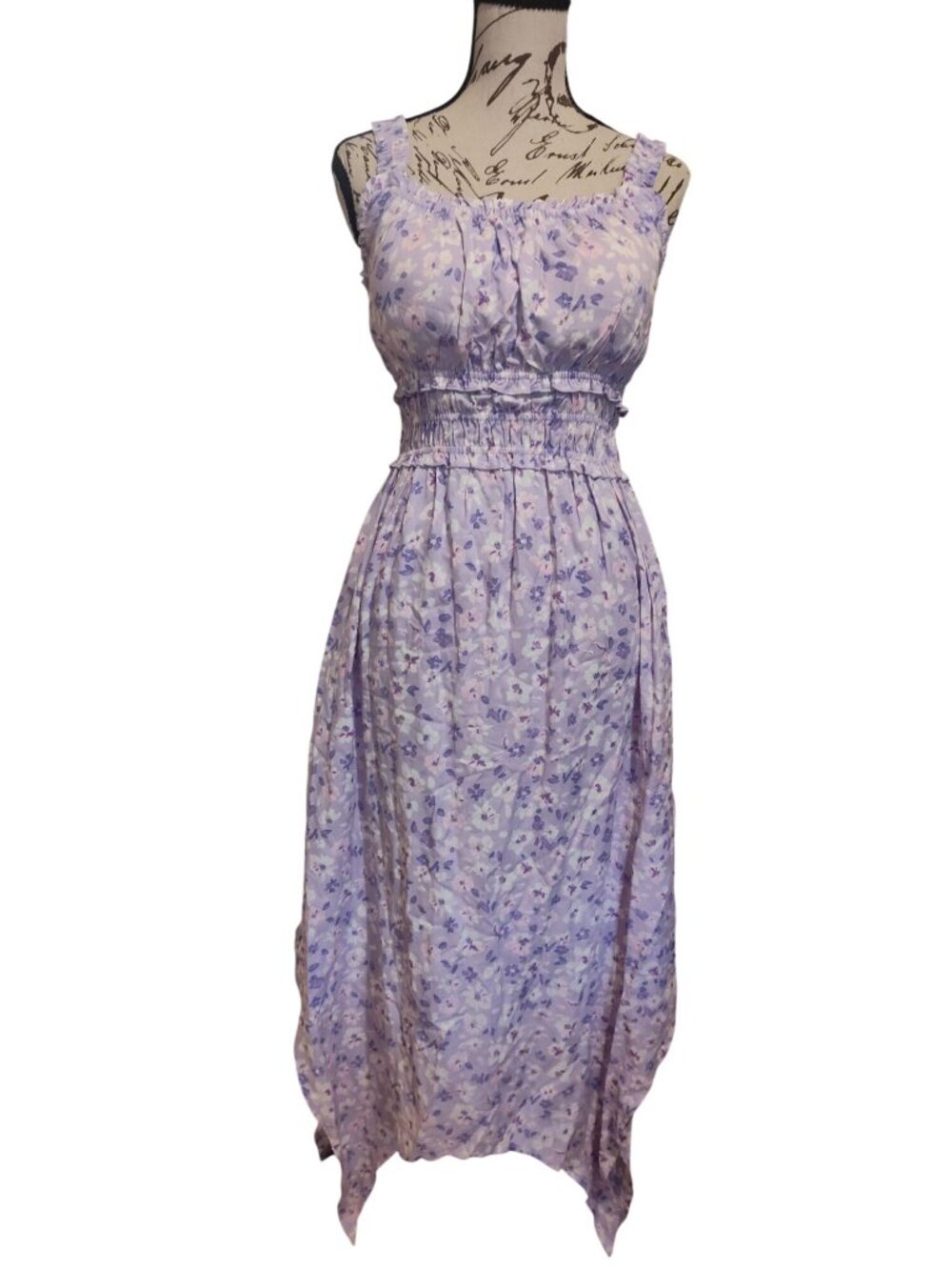 No Boundaries Womens Purple Floral Smocked Sundress Handkerchief Hem XS
